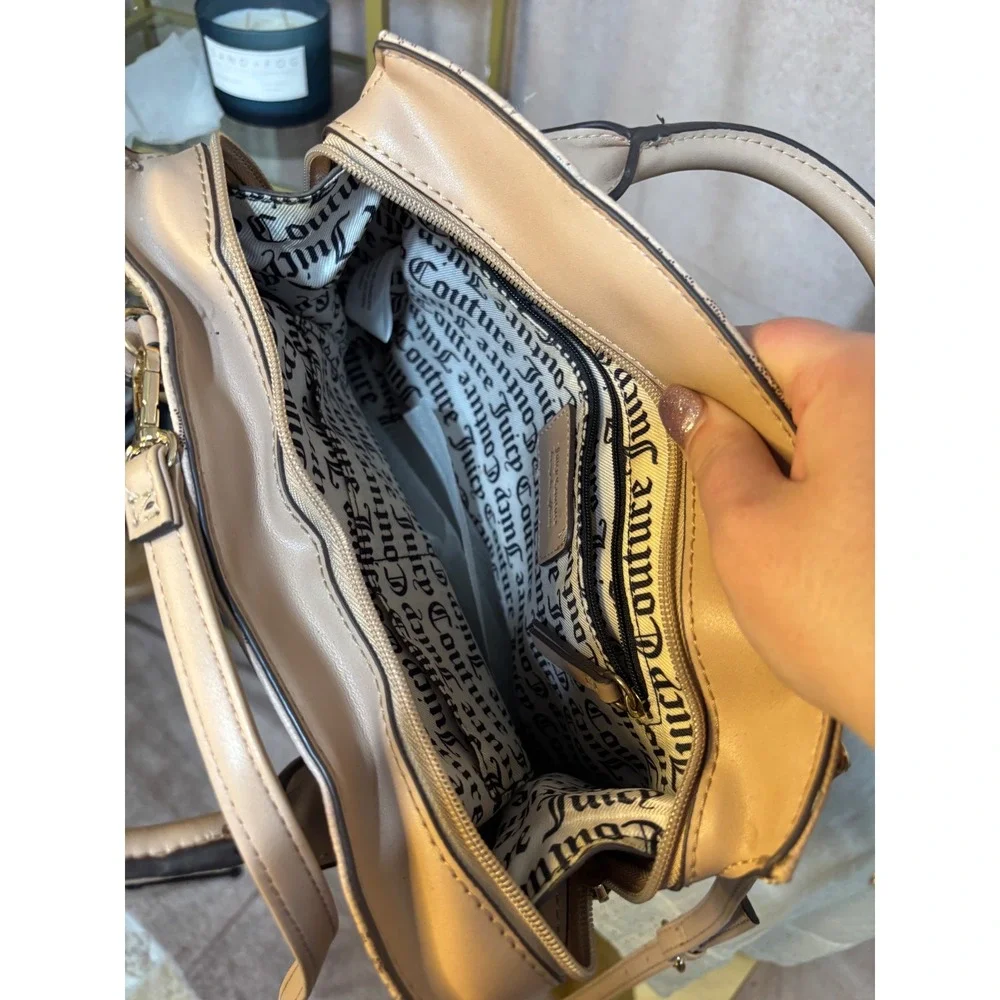Juicy Couture Monogram Satchel Bag Tan Beige Crossbody‎ Logo Handbag Gold Tone